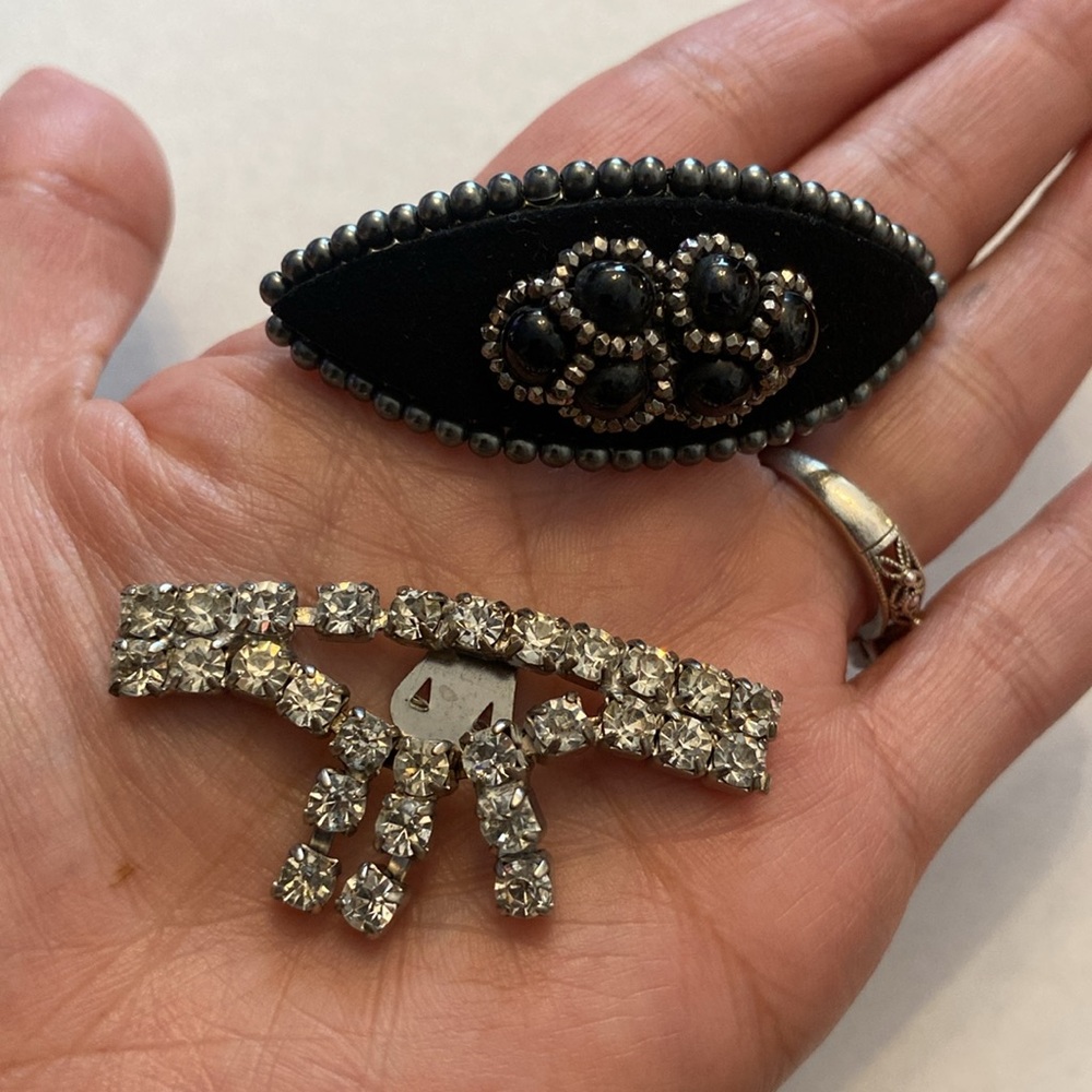 Pair of antique clips - prong set rhinestones & wool